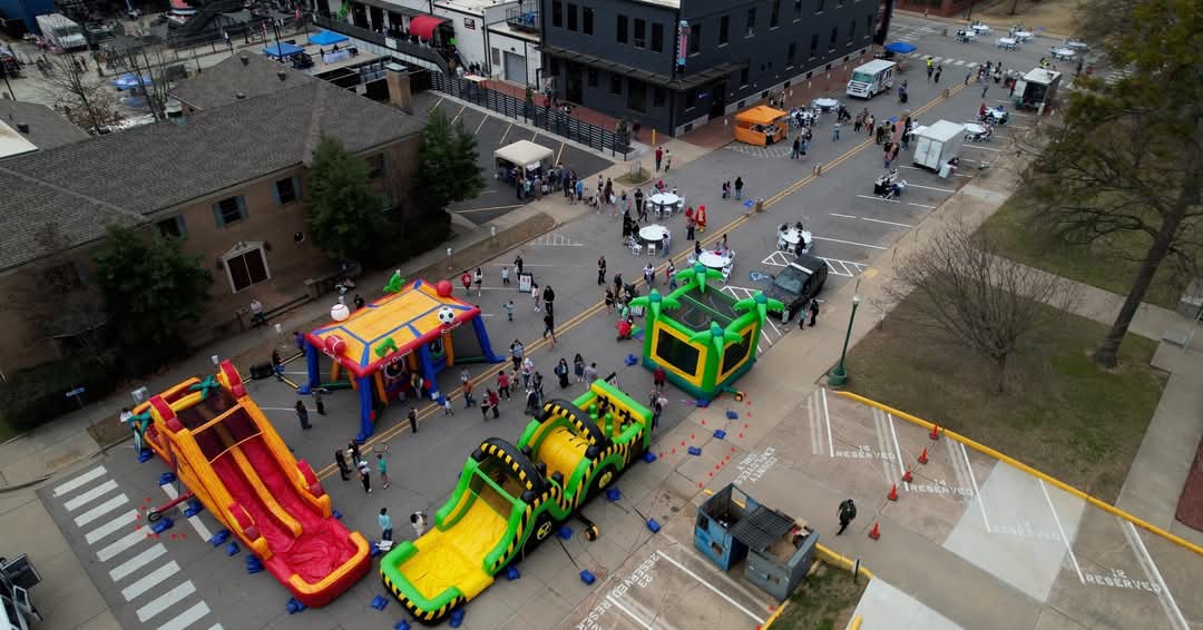 Aerial view of Bullfrog Bouncers inflatables at community event